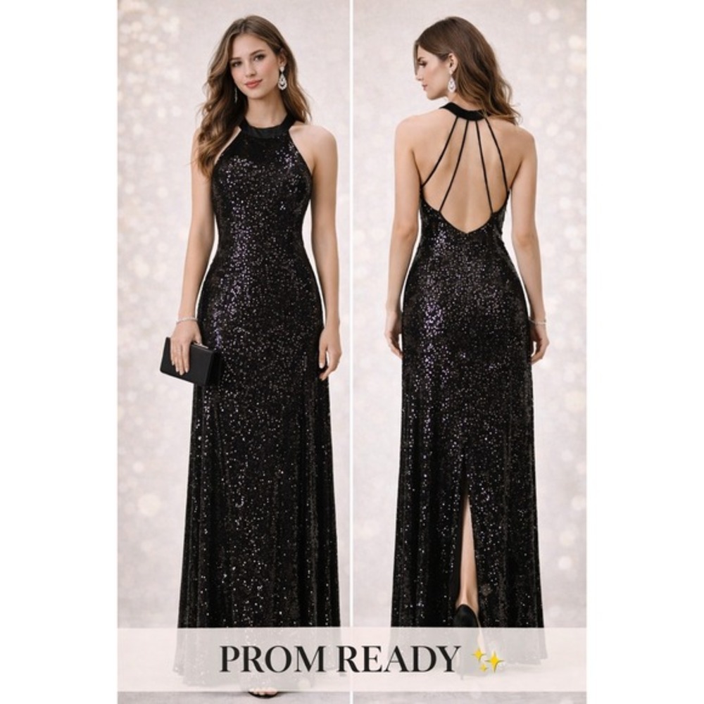 B. Darlin Black Sparkly Sequin Prom Dress Halter Open Back Slit Formal Gown 9/10